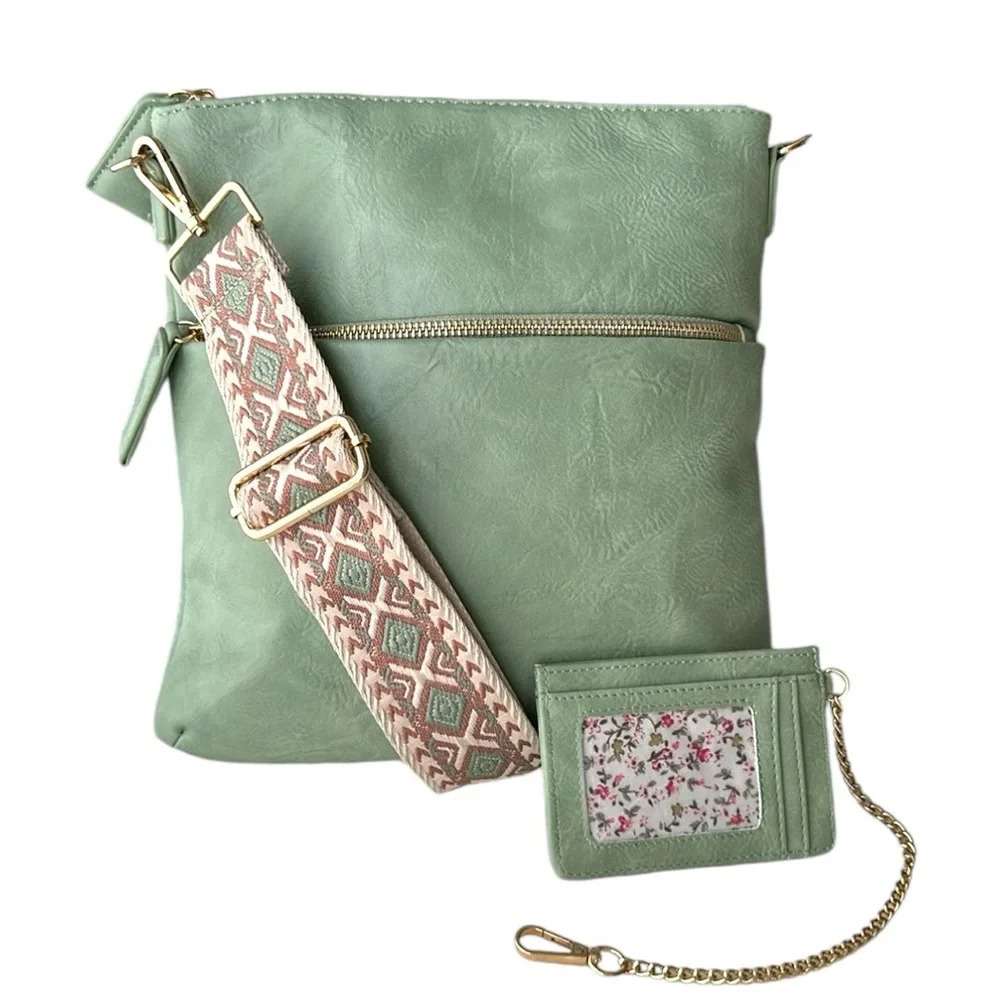 AHDORNED Vegan Leather‎ Messenger Bag Sage Green Boho Embroidered Guitar Strap